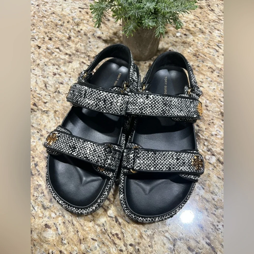 Tory Burch Kira Tweed Black White Pattern Slingback Sandals 8.5
